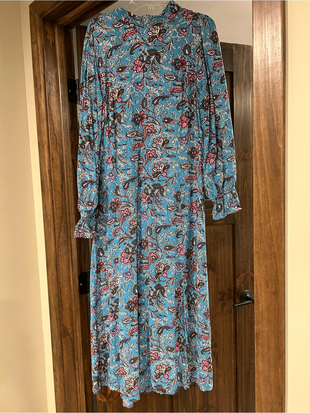 LOFT Teal Blue Floral Mock Neck Long Sleeve Midi Dress with side slit.